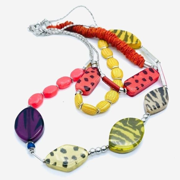 Vintage 1980s Bright Multicolored Statement Necklace Mixed Media - Picture 1 of 5